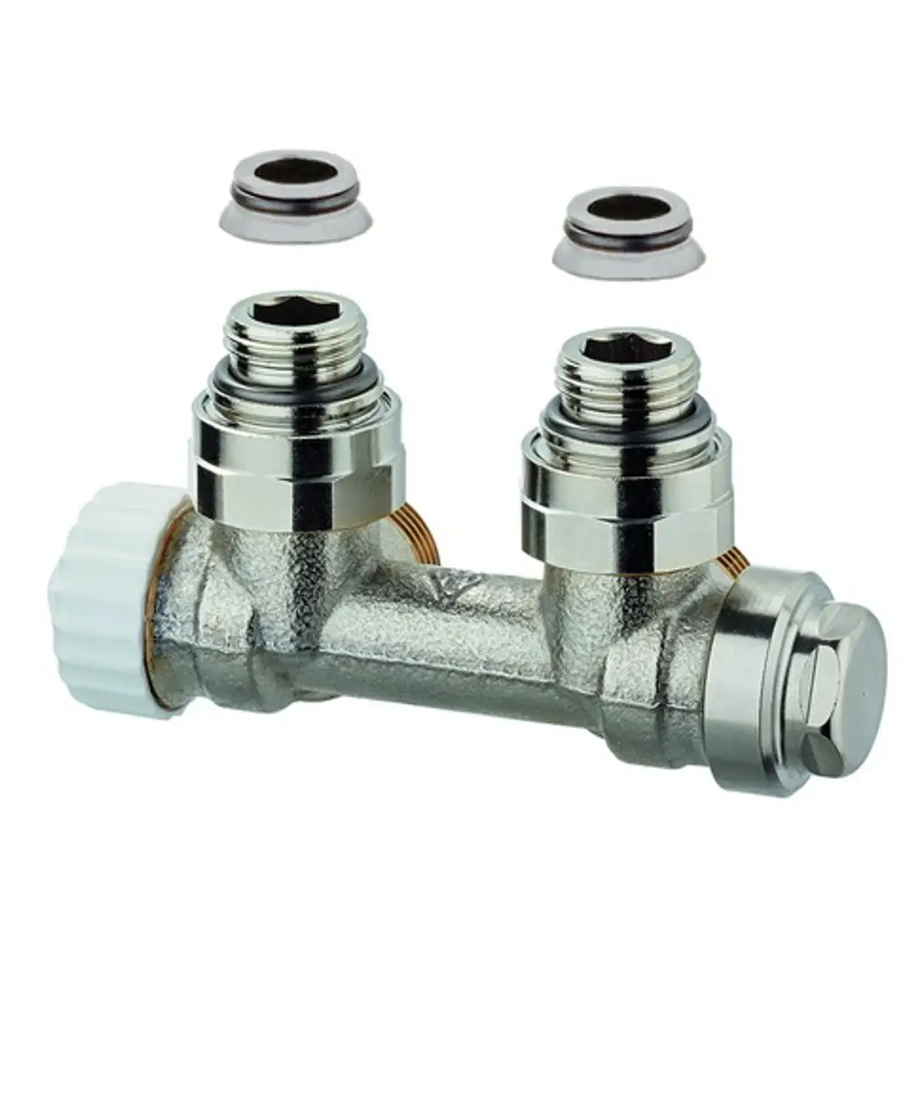Zweirohr-Eckventil aus Metall mit zwei Anschlüssen, ausgestattet mit Dichtungen. Für den Einsatz in Heizungsanlagen von IMI Hydronic Engineering geeignet.